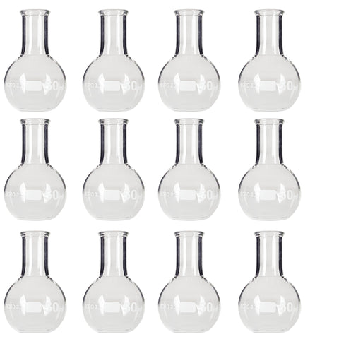 Flask Flat-Bottom Florence Boiling Flask, Standard Neck, 50ml capacity. Made from Borosilicate Glass. A good fit for any laboratory, science classroom, or homeschool.   Sold in a pack of 12 flasks.