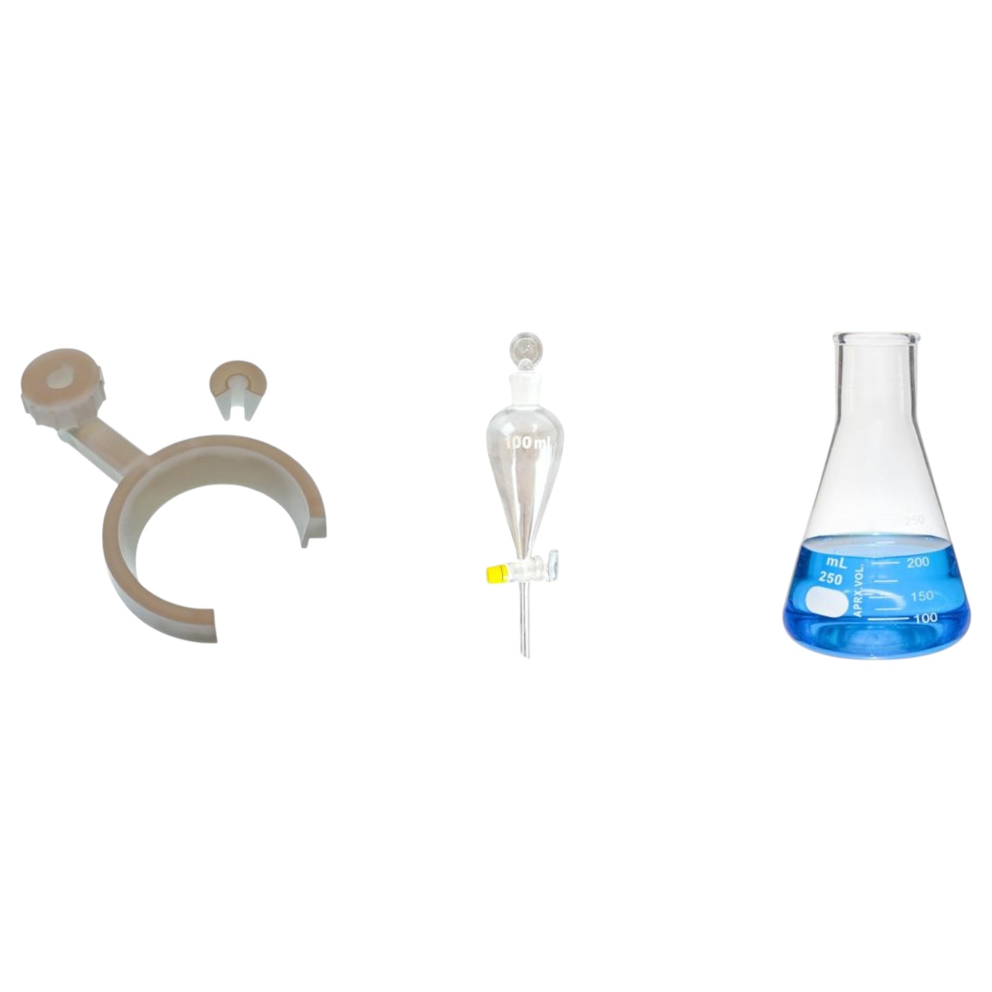Lab Glassware Kit - 100ml Separatory Funnel with Glass Stopcock, 250ml Erlenmeyer Flask, Funnel Holder – Organic Chemistry & Liquid Separation Set