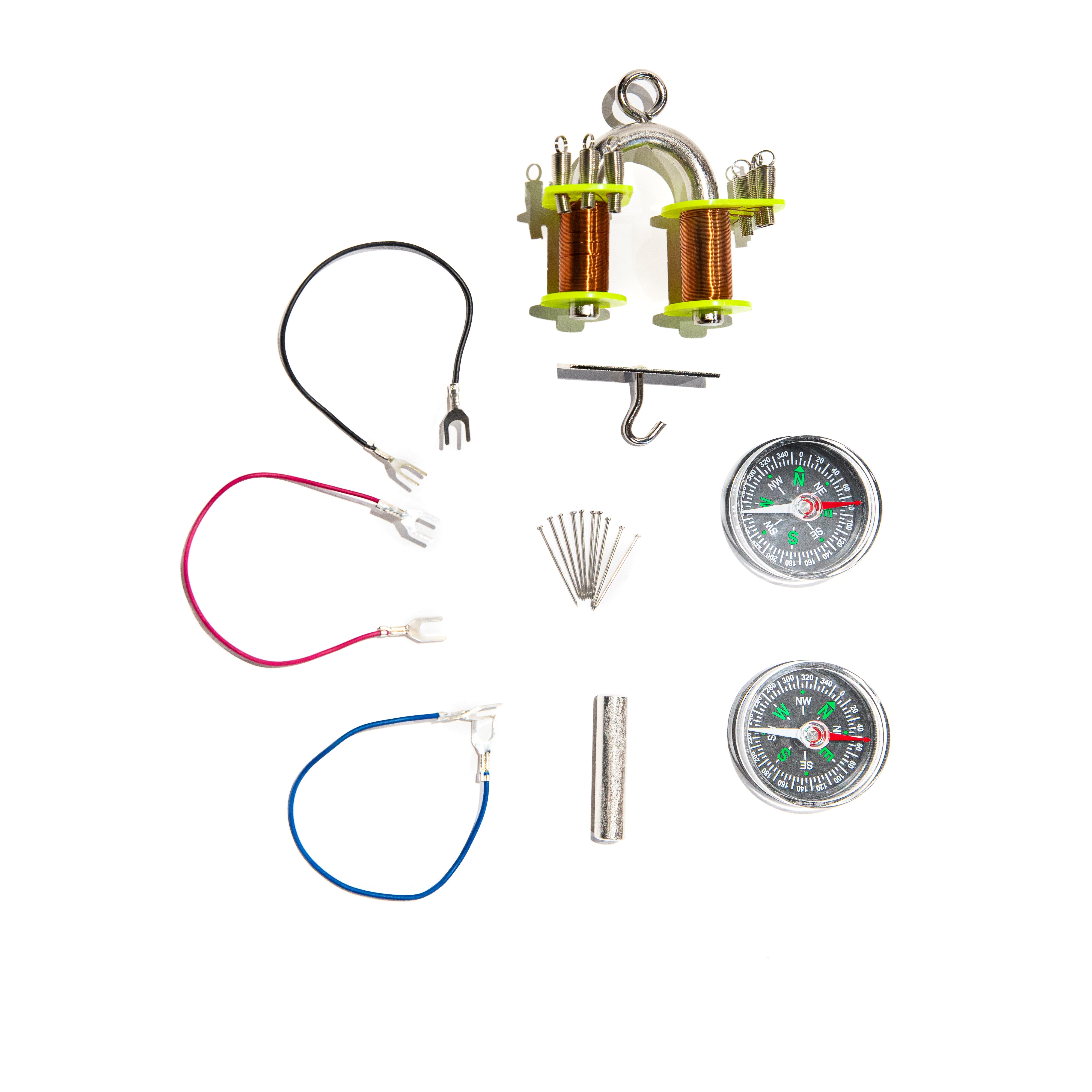 Electromagnetic Kit. Includes a "U"-Shaped Electromagnet, a Hooked Bar, A Iron Bar, Connector Cords, Pins, and 2-Compasses.