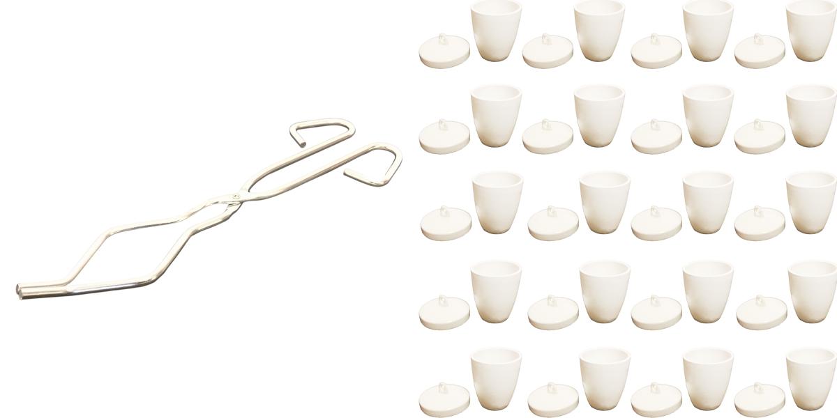 Crucible Lab Kit – Includes 10 in. Stainless Steel Crucible Tongs and 20-Pack of 50ml Porcelain High-Form Crucibles with Lids