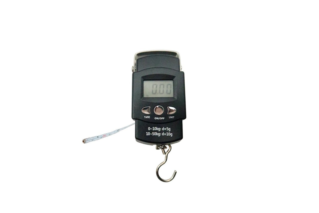GSC International SD-50 digital hanging scale showing LCD display, control buttons, stainless steel hook, and integrated 36" tape measure, highlighting compact design and accurate force measurement up to 50 kg.