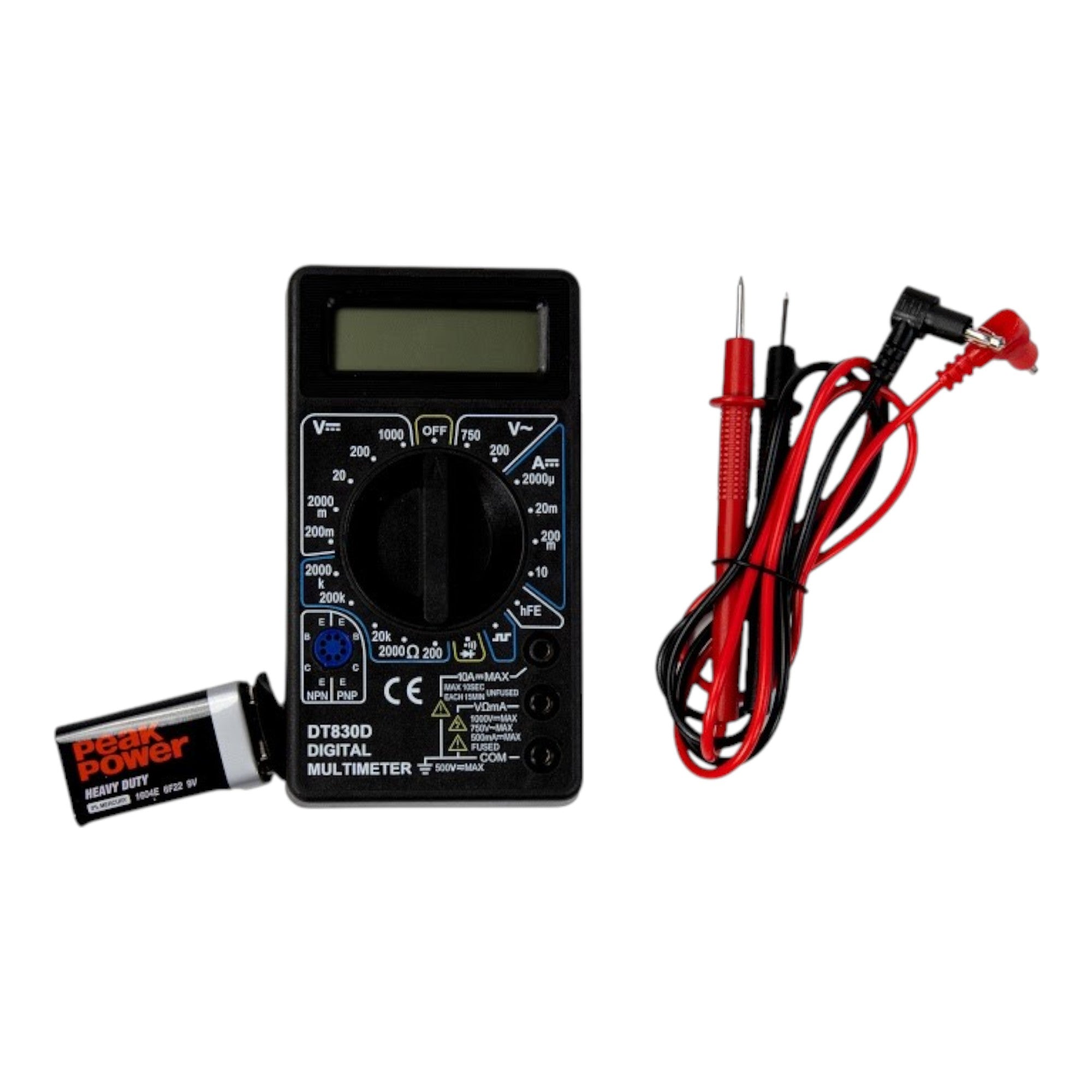 Multimeter Digital 3.5 digit LCD Display with 9 volt battery, exposed battery compartment, and instructions.