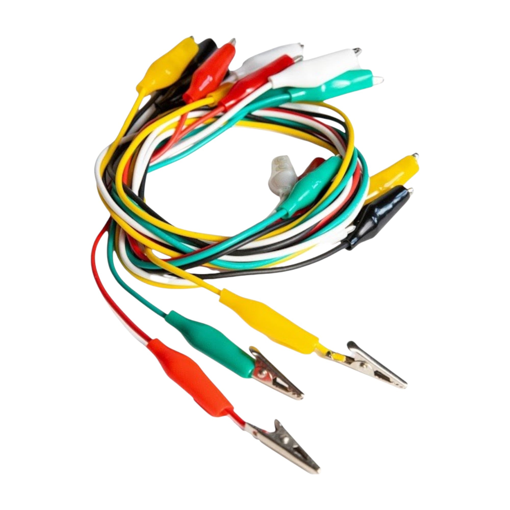 Connector Cords Pack 10, with Alligator Clips. Length is 50cm. Includes 2 each of 5 colors (10 total); red, yellow, green, white and black.