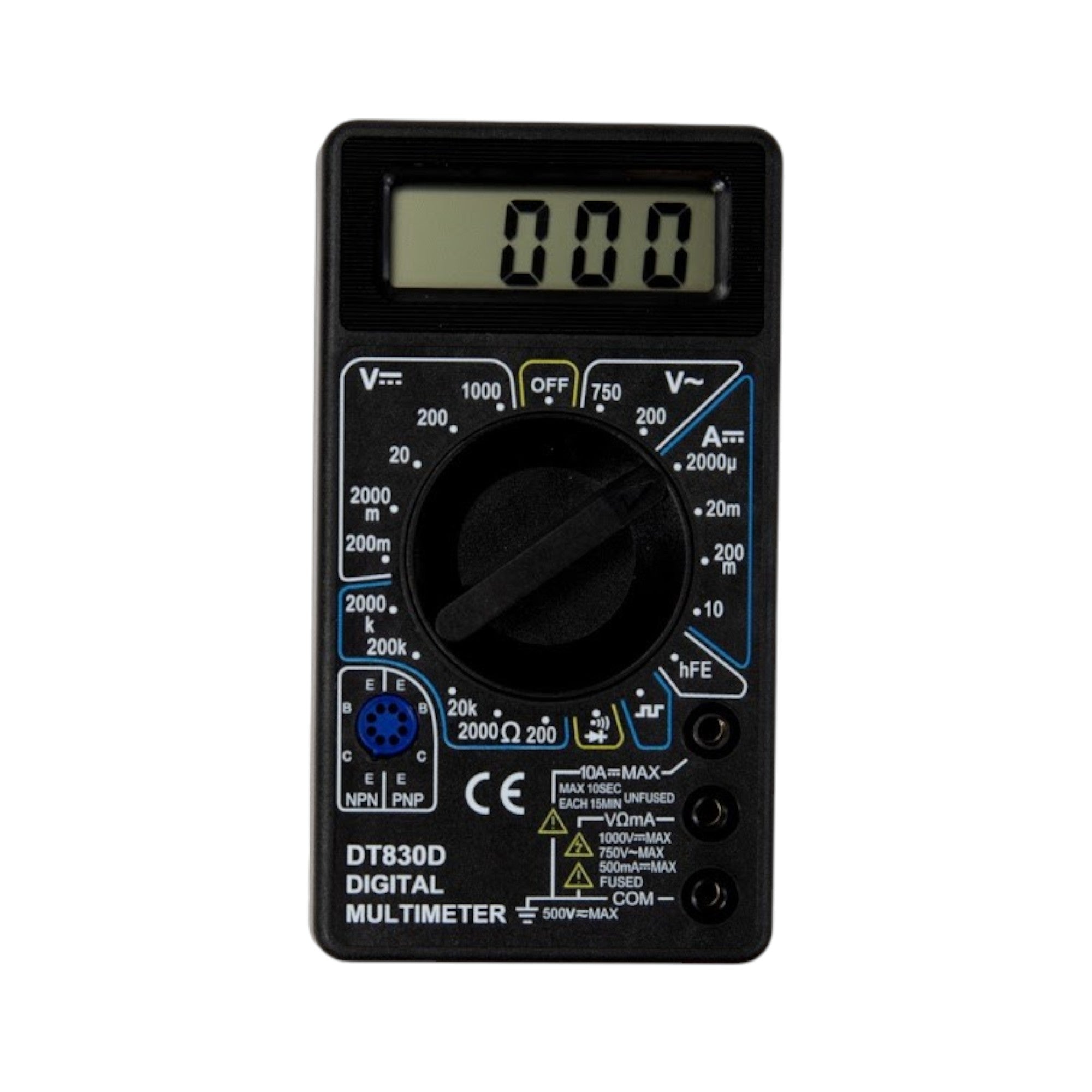 Multimeter Digital 3.5 digit LCD Display with 9 volt battery, exposed battery compartment, and instructions.
