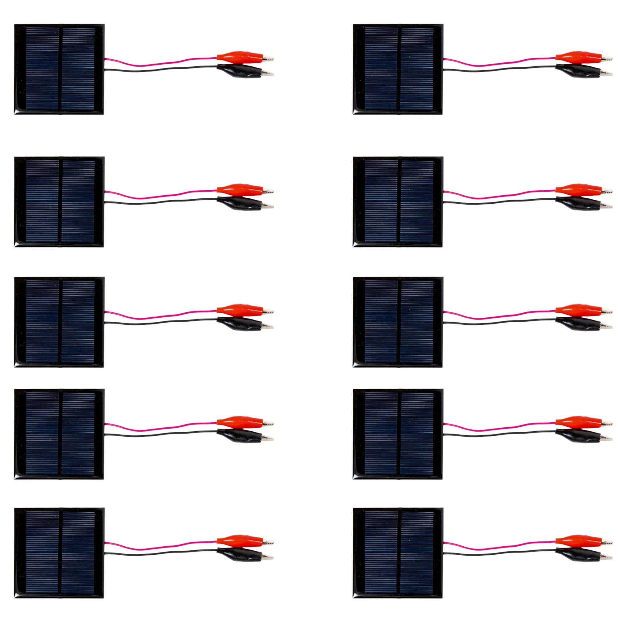 Solar Cell 5 volts, 100mA, 0.54 Watts. Size 70mm square with one red and one black alligator clip cables 150mm L. Pack of 10.