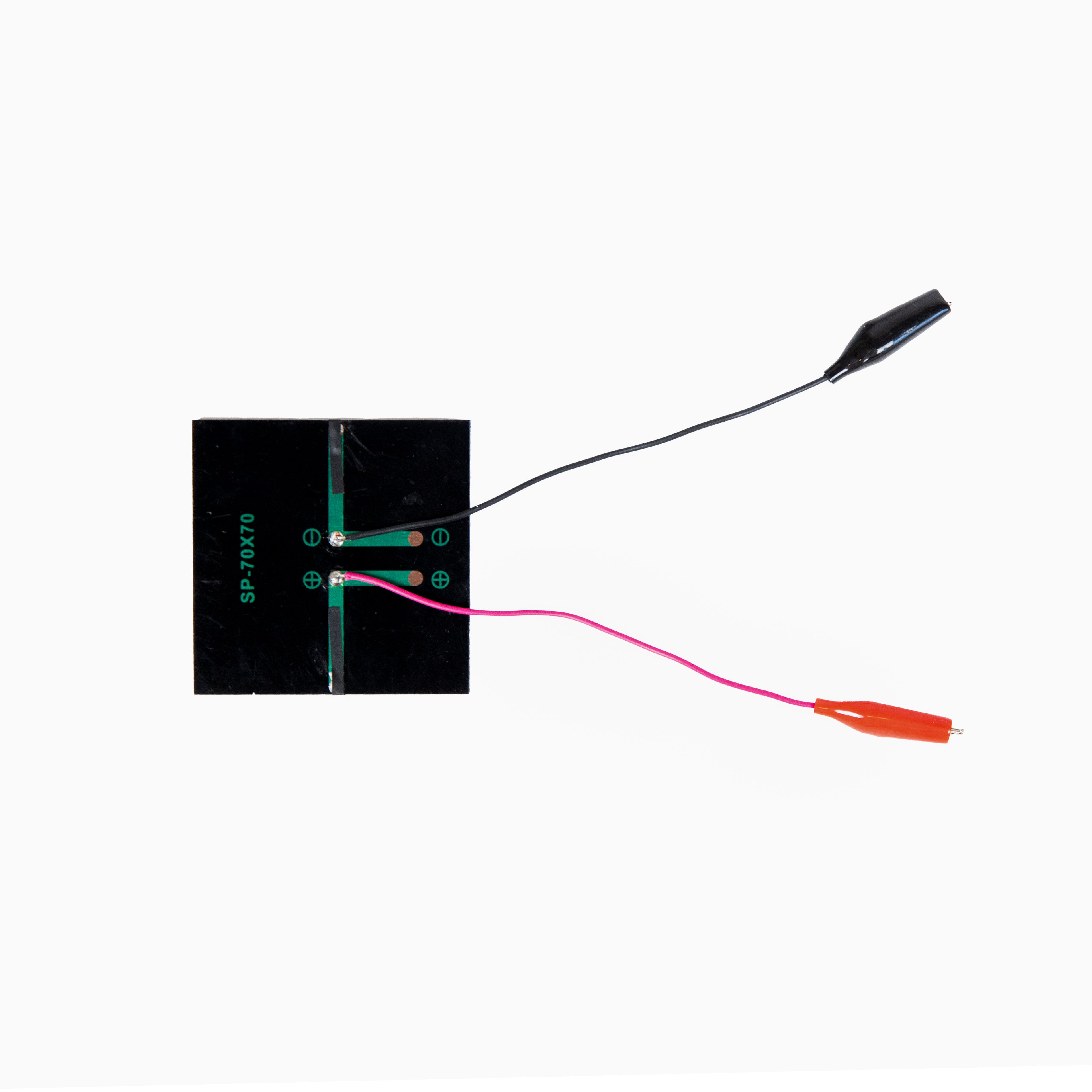 Solar Cell 5 volts, 100mA, 0.54 Watts. Size 70mm square with one red & one black alligator clip connecting cable, length 150mm. A versatile tool in science education when studying renewable energy & electric circuits through hands on experiments.