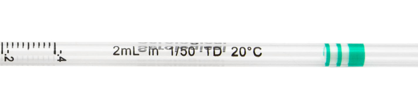 Pipette Serological, 2ml Capacity by 0.02ml, Plastic, Sterile, Color Coded.