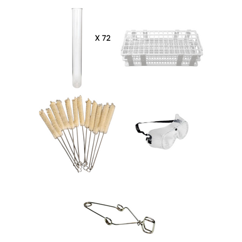 Test Tube Kit – 90-Hole Rack (13mm), 72 Borosilicate Test Tubes (13x100mm), 12 Cleaning Brushes, Clamp & Safety Goggles – Lab Essentials Bundle