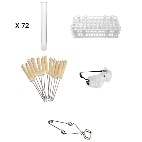 Test Tube Kit – 44-Hole Test Tube Rack (17mm), 72 Glass Test Tubes (16x150mm), 12 Medium Brushes, Clamp & Safety Goggles – Chemistry Classroom Bundle