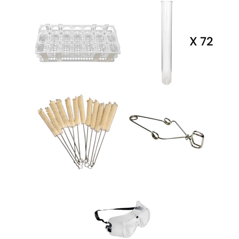 Test Tube Kit– 21-Hole Rack for 20mm Tubes, 72 Glass Test Tubes (18x150mm), 12 Cleaning Brushes, Clamp & Safety Goggles – Chemistry Essentials Set