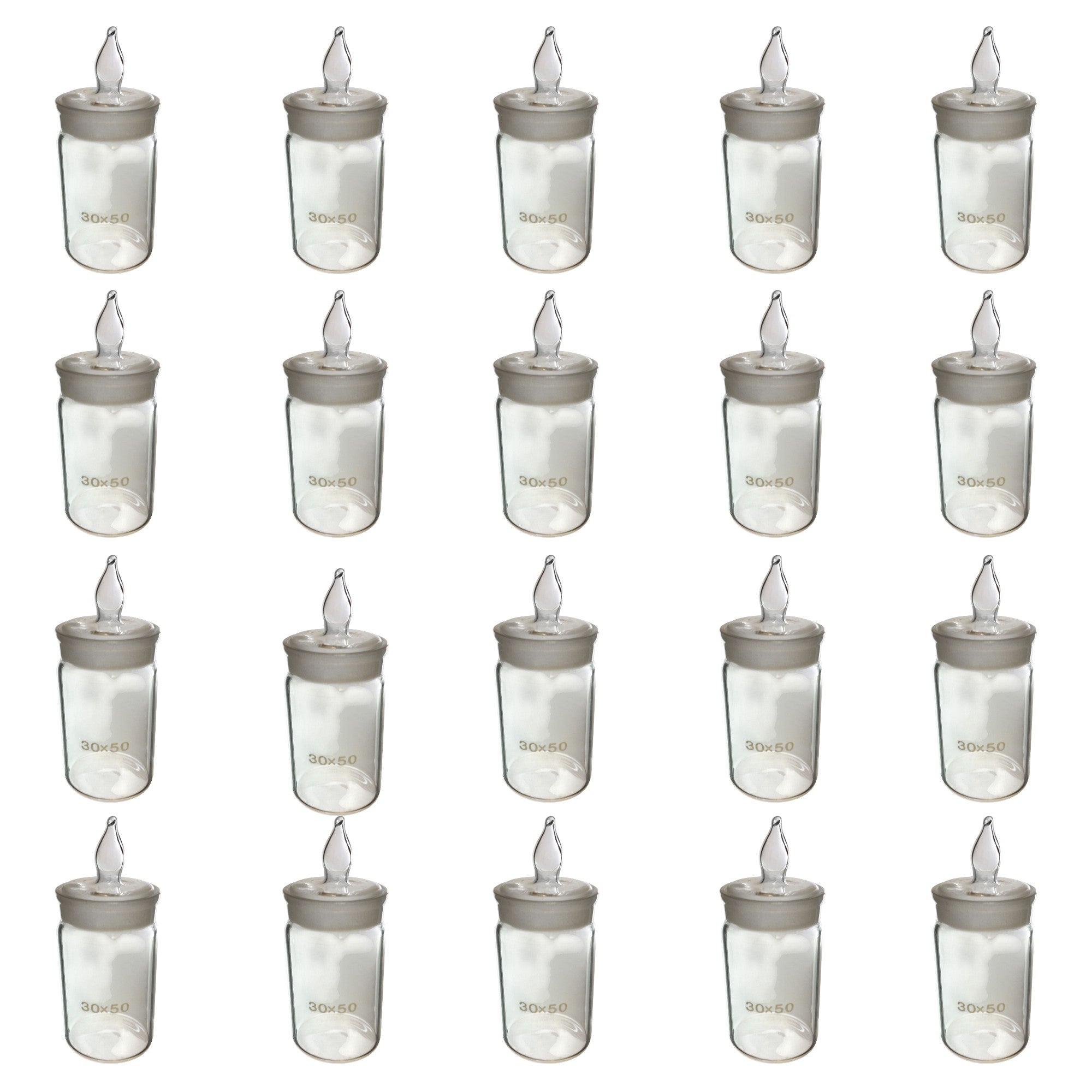 Weighing Bottle, Flint Glass, with ground glass stopper.  Size 30mm diameter x 50mm height. Capacity of 20ml. Pack 20.