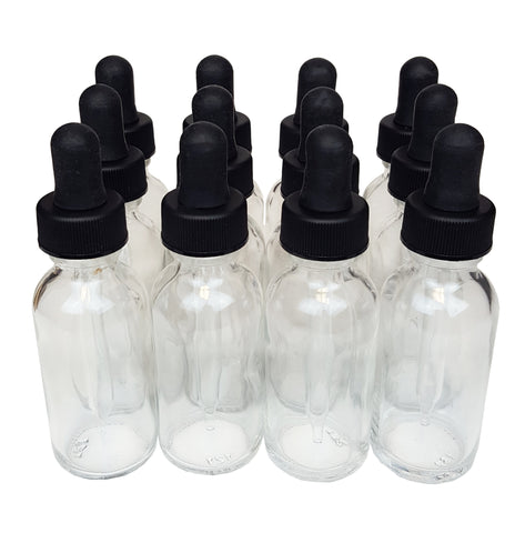 Bottle, Flint Glass, Clear, 2 oz with dropper assembly. Case 144.