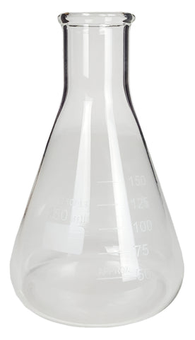 Flask - Erlenmeyer Flask, Conical Shape, Standard Neck, 150ml capacity. Made from Borosilicate Glass, that is resistant to thermal shock and a good fit for any laboratory, science classroom, or homeschool. Case of 120