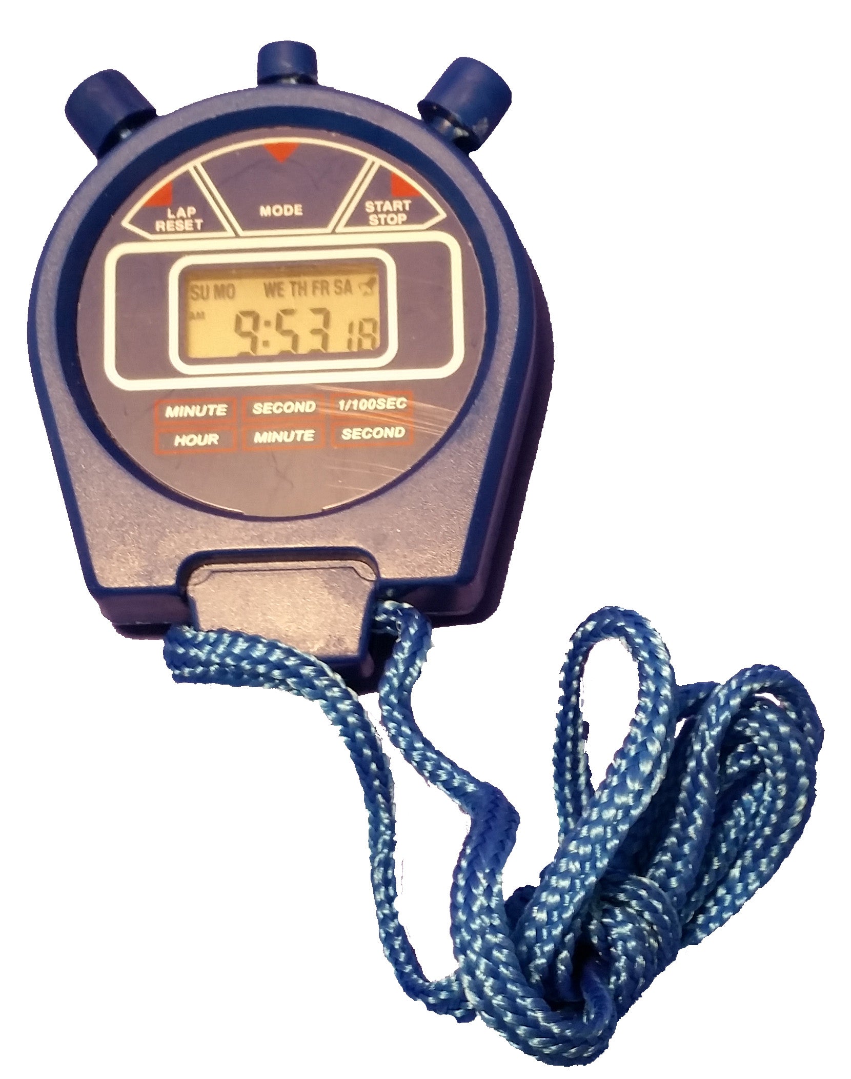 Stopwatch - 24-Hour Digital Stopwatch with Cord and Multiple Settings Including Hours, Minutes, Seconds and a Calendar Display, and 1/100 second chronograph. Suitable for use by a coach in sports and for timing in science classrooms.